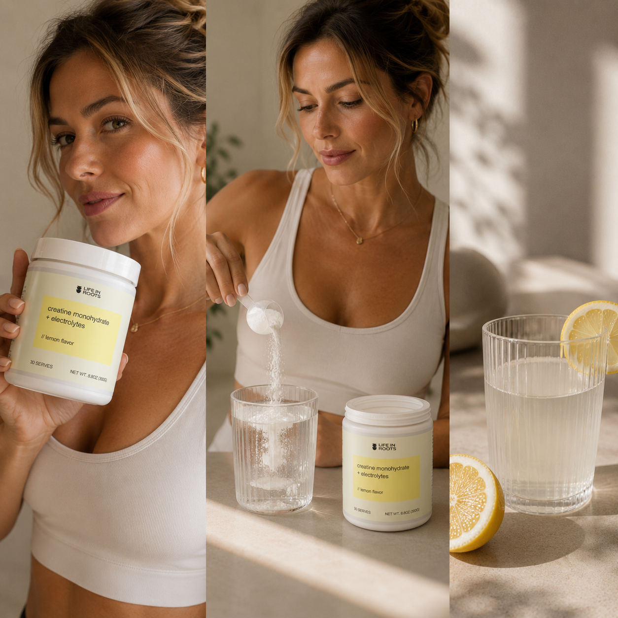 Woman using creatine monohydrate and electrolytes